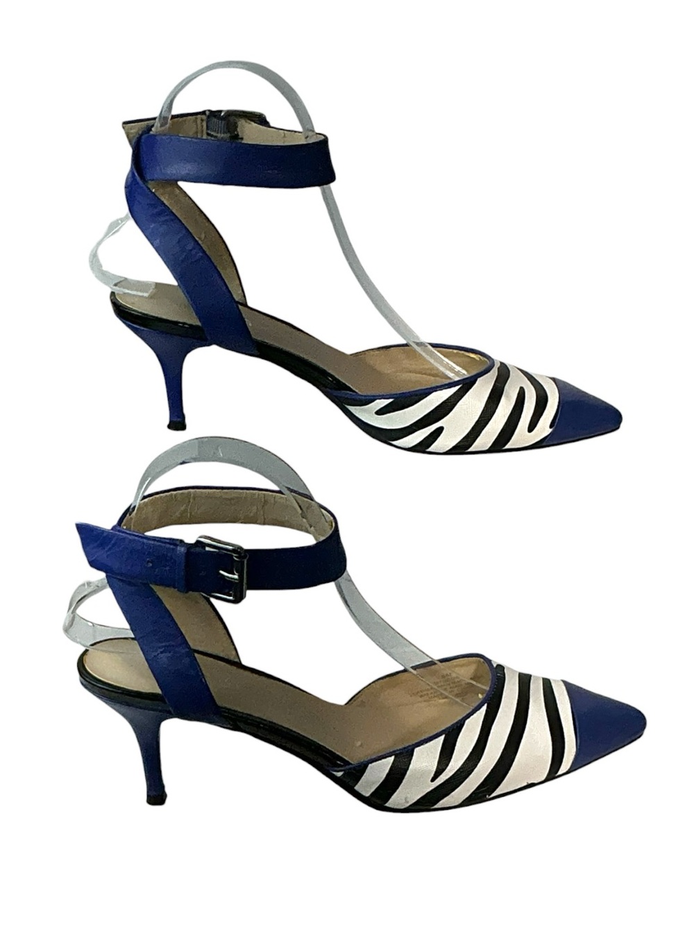 Nine West Zebra Print Pointed Toe Ankle Strap Pump 2” Kitten Heel Blue Black 6 - Picture 4 of 16